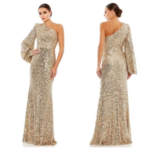 Mac‎ Duggal 26717 Size 10 Gold Sequin Asymmetrical One Shoulder Maxi Dress Gown - Picture 3 of 7